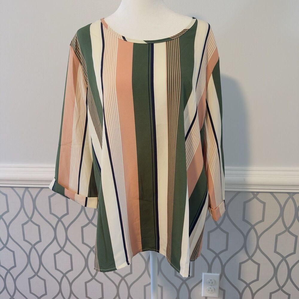 Hapsha Pullover Office Wear Striped Green Peach White Colored Blouse SZ 12